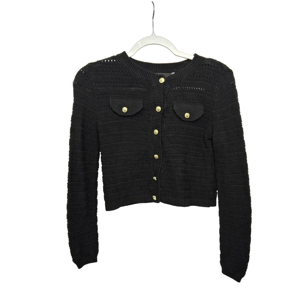 Vero Moda Cardigan Sweater Womens XXS Black Textured Knit Gold Buttons Cropped